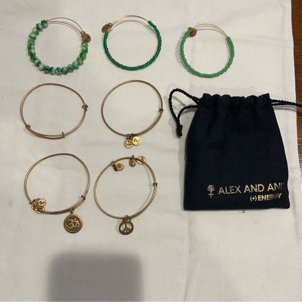 Alex and Ani Gold and Green Bracelet Set